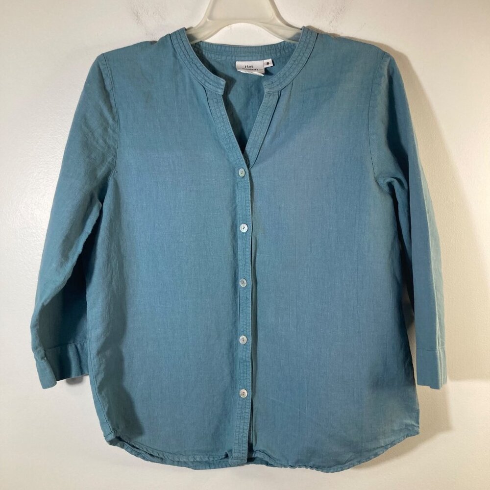Womens Hot Cotton Linen Blend Button Shirt 3/4 Sleeve Blue Green S